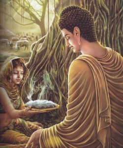 Buddha Sakyamuni accetta il riso donatogli da una fanciulla