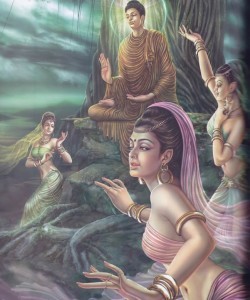 Le bellissime figlie di Mara tentano Buddha Sakyamuni