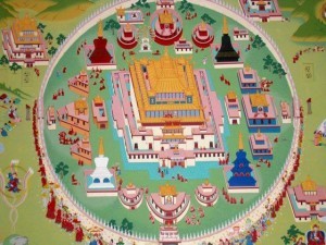 Schema architettonico del complesso monastico di Samye.  La forte simbologia è evidente nel disegno della piantina che ripropone la struttura di un mandala.